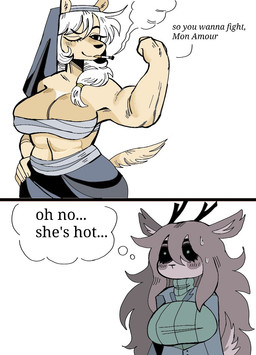 anthro black_sclera blue_clothing blush blush_lines bodily_fluids bottomwear breasts brown_body brown_fur brown_hair cigarette cleavage clothed clothing female flexing flexing_bicep fur green_clothing hair long_hair muscular muscular_female nun nun_outfit one_eye_closed smile smoke smoking solo sweat text thinking thoughtful_expression tomboy white_hair wink yellow_body yellow_fur puppkittyfan1 fur_(puppkittyfan1) yuri_vintovka_(puppkittyfan1) bovid canid canine canis caprine deer demon goat mammal 2022 comic digital_media_(artwork) english_text hi_res