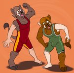 anthro barefoot bulge clothing duo feet fur hooves male mid_transformation open_mouth simple_background spandex species_transformation tail tail_tuft tight_clothing transformation tuft tusks wrestling_singlet hornbuckle third-party_edit unknown_colorist mammal suid suina sus_(pig) wild_boar color_edit colored