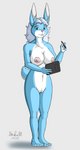 2020 4_fingers 4_toes anthro areola blue_body blue_eyes blue_fur breasts buckteeth cel_shading electronics feet female fingers fur genitals hair hi_res hindpaw humanoid_hands lagomorph leporid lillian_summertree long_hair mammal multicolored_body multicolored_fur navel nipples nude paws pen pink_areola pink_nipples pink_nose plantigrade pussy rabbit secretary shaded signature smile solo standing strikersa tablet tablet_computer teeth toes two_tone_body two_tone_fur white_body white_fur white_hair writing_utensil