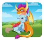2019 arthropod blue_eyes blush changeling cuddling dragon duo dvixie female feral friendship_is_magic hasbro hi_res horn membrane_(anatomy) membranous_wings my_little_pony mythological_creature mythological_scalie mythology ocellus_(mlp) scalie semi-anthro smolder_(mlp) tail wings