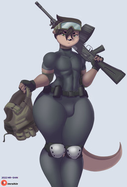 4_fingers anthro belt belt_pouch bodysuit bottomwear bulge clothing femboy fingerless_gloves fingers fur gloves gun handwear holding_object male patreon_logo ranged_weapon simple_background skinsuit solo text thick_thighs tight_clothing topwear utility_belt weapon wide_hips year mr-shin patreon shin_(mr-shin) mammal mustelid otter river_otter 2023 absurd_res artist_name english_text hi_res