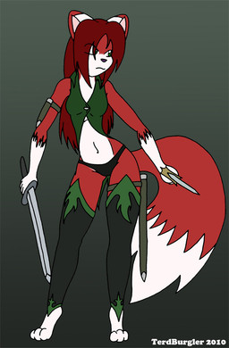 3_toes anthro barefoot clothed clothing dagger digitigrade dipstick_tail feet female green_eyes hair hindpaw holding_melee_weapon holding_object holding_sword holding_weapon legwear markings melee_weapon paws ranger red_hair scabbard skimpy solo stockings sword tail tail_markings toes warrior weapon terdburgler linda_wright canid canine domestic_cat felid feline felis fox hybrid mammal digital_media_(artwork)