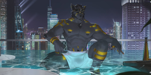 abs anthro beard black_beard black_facial_hair black_hair black_nipples black_nose black_sclera bottomwear bulge clothed clothing eyewear eyewear_on_head facial_hair front_view fur grey_body grey_fur hair looking_at_viewer male male_anthro markings mouth_closed muscular muscular_anthro muscular_male narrowed_eyes night nipples partially_submerged pecs pubes short_hair sitting solo sunglasses sunglasses_on_head swimming_pool topless water wearing_sunglasses white_bottomwear white_clothing yellow_eyes yellow_markings awaldkize canid canine mammal absurd_res hi_res