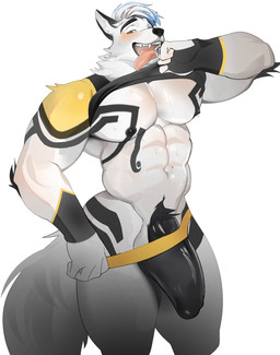 abs balls black_penis fur genitals hair male muscular muscular_male navel nipples penis simple_background standing tail tongue tongue_out white_background goodboymono hi_res