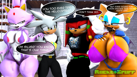 anthro areola areola_slip aroused big_breasts bra bracelet breast_size_difference breasts claws clothing collar ear_piercing ear_ring eyebrows fangs female fingerless_gloves gloves gold_(metal) gold_bracelet gold_jewelry group half-closed_eyes hand_on_breast hand_on_head hand_on_hip hand_on_shoulder handwear huge_breasts huge_thighs imminent_sex jewelry lips male muscular muscular_female muscular_male narrowed_eyes one-piece_swimsuit piercing raised_eyebrow ring_piercing sling_bikini speech_bubble spiked_collar spikes swimwear teeth thick_lips thick_thighs thong underwear rocketspuff punisher sega sonic_the_hedgehog_(series) blaze_the_cat knuckles_the_echidna rouge_the_bat silver_the_hedgehog bat domestic_cat echidna eulipotyphlan felid feline felis hedgehog mammal monotreme absurd_res hi_res