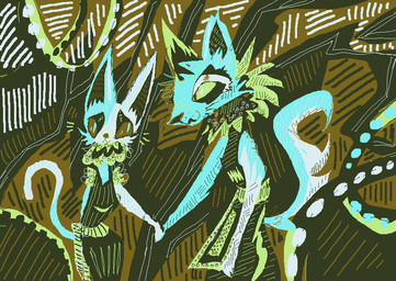 abstract_background ambiguous_gender anthro blue_body blue_fur clothed clothing duo fur green_sclera hand_holding white_body white_fur naircat domestic_cat felid feline felis mammal 2017 digital_media_(artwork) microsoft_paint_(artwork) restricted_palette