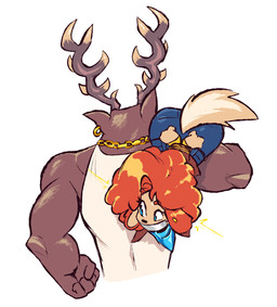 5_fingers anthro antlers blue_eyes blue_scarf bottomwear bound brown_body brown_fur captured carrying_another carrying_partner chain_necklace clothing damsel_in_distress denim denim_bottomwear denim_clothing duo ear_piercing ear_ring female fingers fur gag gagged gold_(metal) gold_ear_ring gold_jewelry hair hands_tied horn jeans jewelry male male/female muscular muscular_anthro muscular_male necklace orange_hair pants piercing ring_piercing scarf shirt shoulder_carry tail tank_top tape tape_gag topwear white_clothing white_shirt white_tank_top white_topwear jamoart pepper_page canid canine canis deer domestic_dog mammal 2024 absurd_res hi_res