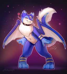 3_fingers 3_toes animal_genitalia anthro bedroom_eyes belly biped blue_arms blue_body blue_fur blue_markings blush bodily_fluids bottomless choker clothed clothing collar countershade_torso countershading digitigrade feet fingers fluffy fluffy_tail front_view fur furry_tail genitals gloves_(marking) head_markings heart_symbol horn jewelry leaning leaning_backward leg_markings looking_at_viewer male markings membrane_(anatomy) membranous_wings midriff motion_lines multi_ear multicolored_body multicolored_fur narrowed_eyes navel neck_tuft necklace nude pawpads paws pointy_ears pose seductive simple_background slim smile socks_(marking) solo standing striped_markings stripes symbol tail tail_fluff tail_tuft tapering_tail teeth text thick_tail toes topless tuft two_tone_body two_tone_fur two_tone_tail two_tone_wings white_belly white_body white_fur white_horn wide_hips wings yellow_eyes yellow_markings yellow_pawpads yellow_stripes mikapoofs mythology mika_(mikapoofs) dragon furred_dragon furred_scalie mythological_creature mythological_scalie scalie english_text hi_res pinup