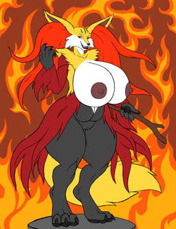 3_toes 4_fingers anthro areola barefoot big_breasts big_ears biped black_body black_claws black_fur black_lips black_nose black_pawpads breasts brown_areola brown_nipples claws curvy_figure eyebrows eyelashes feet female fingers fire fluffy fluffy_ears fluffy_tail fur genitals half-closed_eyes hell holding_object huge_breasts inner_ear_fluff lips looking_at_viewer multicolored_body multicolored_fur narrowed_eyes nipples nude orange_body orange_fur pawpads paws pose red_body red_eyes red_fur sharp_teeth slightly_chubby smile snout solo staff stick tail teeth thick_thighs toes tuft voluptuous vulva white_body white_fur wide_hips yellow_body yellow_fur karnator nintendo pokemon selena_(karnator) canid canine delphox generation_6_pokemon mammal pokemon_(species) absurd_res hi_res