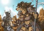 anthro armor axe body_armor brown_eyes chest_tuft claws clothed clothing duo ear_piercing fangs female gnoll grin headgear helmet hi_res horn horned_helmet human hyena ivar_(scrungusbungus) larger_female male mammal mane markings melee_weapon navel neck_tuft outside piercing rakkuguy shakarri_(scrungusbungus) size_difference sky smaller_male smile spots spotted_body spotted_hyena standing strap_across_chest teeth tuft unconvincing_armor weapon