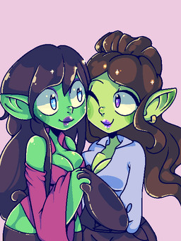 black_hair breasts brown_hair cleavage clothed clothing duo ear_piercing ear_ring female green_body green_skin hair hand_holding humanoid_pointy_ears not_furry piercing pointy_ears purple_eyes ring_piercing simple_background smile glittermiilk goblin humanoid 2017 3:4 aliasing digital_media_(artwork)