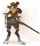 anthro armor belt belt_buckle blizzard_entertainment bottomwear bullet canid claws cloth clothed clothing ear_piercing female fur gun hair handgun hat headgear headwear holding_gun holding_object holding_ranged_weapon holding_weapon jacket jewelry looking_at_viewer mammal meadowlarking_(artist) pants piercing pistol ranged_weapon rifle shirt simple_background smile solo standing teeth text topwear warcraft weapon were werecanid white_background worgen