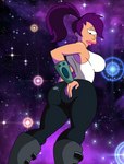 big_breasts big_butt boots breasts butt camel_toe clothed clothing cosmic_background curvy_figure female footwear hair hand_on_butt leggings legwear lipstick makeup no_bra not_furry pink_lipstick purple_hair rear_view shirt shoes solo space star tight_clothing topwear grimphantom comedy_central futurama turanga_leela cyclops humanoid 2015 absurd_res hi_res