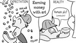 armor begging bowl coin container fangs hard_hat headgear helmet male money teeth text the_truth tipping two_panel_image pony-berserker expectation_vs_reality friendship_is_magic hasbro my_little_pony berzie_(oc) fan_character arthropod changeling 16:9 comic english_text monochrome widescreen