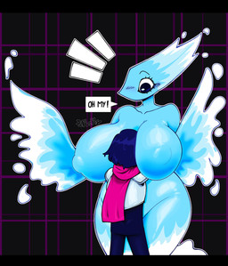anthro bar_emanata big_breasts black_background black_border black_eyes blue_body blush blush_lines border breasts dialogue duo emanata eyelashes female front_view hug huge_breasts larger_female male nipple_outline pattern_background rectangular_speech_bubble simple_background size_difference smaller_male speech_bubble text thick_thighs water white_body wide_hips gallo_wazavi deltarune undertale_(series) kris_dreemurr miss_mizzle darkner elemental_creature human mammal mizzle_(deltarune) water_creature english_text hi_res