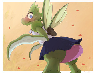 anthro backpack blush bottomwear bow_panties bow_underwear clothed clothing embarrassed female green_body looking_down low-angle_view panties pink_clothing pink_panties pink_underwear school_uniform skirt solo underwear uniform upskirt shoutingisfun nintendo pokemon arthropod generation_1_pokemon insect pokemon_(species) scyther 2021 hi_res