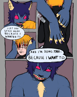 5_fingers anthro bangs big_hands black_nose blonde_hair blue_body blue_fur blue_hair bodily_fluids chest_tuft claws conjoined_speech_bubble crying dialogue duo eye_patch eyewear fingerless_(marking) fingernails fingers fur hair hair_over_eye human_on_anthro inner_ear_fluff interspecies long_nails male male/male muscular muscular_male nails one_eye_obstructed pink_eyes red_eyes sharp_nails sharp_teeth speech_bubble tears teeth text tuft yellow_body yellow_fur yellow_teeth dreamscreep casper_(fleshangell) mika_(dreamscreep) felid feline human mammal absurd_res comic digital_media_(artwork) english_text flat_colors handwritten_text hi_res procreate_(artwork)