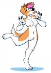 anthro blue_eyes breasts canid canine canis domestic_dog double_v_sign female genitals gesture hand_gesture hi_res mammal nipples nude pixylbyte pussy simple_background solo tongue tongue_out v_sign white_background