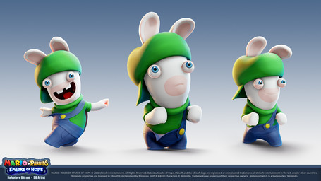 anthro backwards_hat blue_background blue_clothing blue_eyes blue_overalls buckteeth closed_smile clothed clothed_anthro clothed_male clothing copyright_symbol dancing fist fully_clothed fully_clothed_anthro fully_clothed_male fur gradient_background green_clothing green_hat green_headwear green_shirt green_topwear hand_pawpads hat headgear headwear lidded_eyes light long_ears looking_up male male_anthro mitten_hands mouth_closed noseless open_mouth open_smile overalls pawpads pockets red_tongue shirt simple_background smile smiling_at_viewer solo standing symbol tan_eyelids tan_inner_ear tan_pawpads teeth text tongue topwear white_body white_fur salvatore_ditrani mario_bros mario_plus_rabbids_kingdom_battle mario_plus_rabbids_sparks_of_hope nintendo raving_rabbids rayman_(series) ubisoft rabbid_luigi lagomorph mammal rabbid 16:9 2022 3d_(artwork) autodesk_maya_(artwork) colored crossover digital_media_(artwork) english_description english_text hi_res lighting model_sheet official_art shaded widescreen