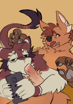 anthro black_claws bored brown_body brown_ears brown_fur brown_hair claws dark_tail_tip dipstick_tail disinterested duo electronics fellatio fur genitals grey_pawpads hair humanoid_genitalia humanoid_penis inverted_eyes lying_on_another male male/male male_anthro male_penetrated male_penetrating male_penetrating_male markings multicolored_body multicolored_fur neck_tuft on_phone oral pawpads penetration penile penis phone sex shocked tail tail_markings tail_motion tailwag tuft grubywrobel canid canine mammal sergal absurd_res hi_res