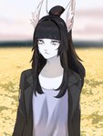 anthro black_clothing black_hair black_jacket black_topwear bodily_fluids clothing crying female fur grey_eyes hair jacket looking_at_viewer outside ponytail shirt solo tears topwear white_body white_fur indigo_cho mammal absurd_res hi_res