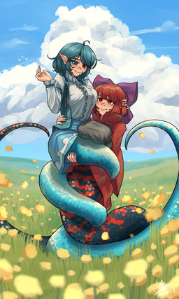 accessory alternate_species apode big_breasts blue_bottomwear blue_clothing blue_eyes blue_hair blue_skirt blue_sky bottomwear bow_ribbon breasts cloak clothed clothed_female clothing cloud coiling duo female female/female field flower hair hair_accessory hair_bow hair_ribbon heterochromia humanoid_pointy_ears legless lifting outside plant pointy_ears red_cloak red_clothing red_eyes ribbons scales serpentine shirt skirt sky smile split_form topwear white_clothing white_shirt white_topwear yellow_flower hippppodraw touhou kogasa_tatara sekibanki draconcopode lamia reptile scalie snake 3:5 absurd_res hi_res