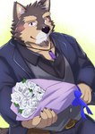 anthro blush bouquet brown_body brown_fur clothing fur jewelry male muscular muscular_anthro muscular_male necklace solo suit nazebesu_hobby lifewonders live_a_hero pubraseer canid canine canis domestic_dog mammal absurd_res hi_res