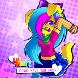 anthro armwear band-aid bandage bandage_on_face bandage_on_nose blue_hair bottomwear bracelet clothing female fishnet_armwear fishnet_clothing fur glistening glistening_eyes hair jewelry kemono kerchief legwear long_hair looking_at_viewer neckerchief neckwear one_eye_closed open_mouth open_smile pattern_background pose simple_background skirt smile solo sparklefur stockings striped_hair text text_with_heart wink winking_at_viewer yellow_body yellow_fur kittywuvspizza 4lung canid mammal 1:1