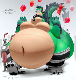 3_toes 4_fingers ambiguous_gender anthro armor balloon biped breasts chain chain_collar chained_cuffs clothing collar cracked_ground cracks cuffed_ankles duo featureless_breasts feet female fingers fur furry_tail green_body grin hypnosis hypnotic_eyes inflatable jewelry knight leash legwear mind_control navel obese obese_anthro obese_female overhang overweight overweight_anthro overweight_female plate_mail ring smile solo solo_focus stated_weight stockings tail text thick_tail thick_thighs toes walking warrior miluinaoxie mythology ambiguous_species dragon mythological_creature mythological_scalie scalie english_text hi_res signature