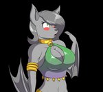 anthro armwear bat_wings blush breasts cleavage clothed clothing collar embarrassed female fur green_eyes green_lipstick grey_body grey_fur grey_hair hair lipstick makeup membrane_(anatomy) membranous_wings simple_background smile solo tongue topwear wings robthehoopedchipmunk ruby_telokey_(telokey-the-bat) bat mammal alpha_channel