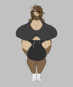 anthro big_breasts big_bulge breasts brown_body brown_fur brown_hair bulge clothed clothing detailed_bulge ear_piercing footwear fur genital_outline green_eyes grey_background gynomorph hair huge_breasts huge_bulge intersex looking_at_viewer penis_outline piercing simple_background socks solo white_clothing white_footwear white_socks thelazydreamer tenna_cale bear mammal 2026 hi_res