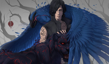 ambiguous_feral ambiguous_gender beak black_beak black_body black_clothing black_fur black_hair black_horn black_topwear black_vest blue_body blue_feathers clothed clothing fangs feathers feral fur green_eyes group hair hand_on_head horn lamp lantern male male_human markings mouth_closed open_clothing open_mouth open_topwear open_vest orange_eyes plant red_eyes red_markings sharp_teeth tattoo teeth text topwear tree trio vest santanahoffman avian felid human mammal pantherine 2025 artist_name dated hi_res