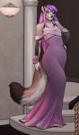 anthro blue_eyes canid canine clothed clothing digital_media_(artwork) dress female fur hair hi_res looking_at_viewer mammal purple_hair robyn_paperdoll shaded solo standing wide_hips