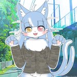 blue_hair hair long_hair male paw_pose pose red_eyes solo yellow_eyes kawaiirosiechan japan_air_self-defense_force omaneko_(jasdf) domestic_cat felid feline felis mammal 1:1 absurd_res hi_res