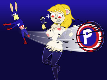 anthro big_breasts blonde_hair bracelet breasts chest_tuft clothing cosplay duo female fingerless_gloves genitals gloves gradient_background hair handwear jewelry male motion_lines parody red_eyes simple_background small_waist superhero_costume surprised throwing_object throwing_shield torn_clothing tuft vulva wardrobe_malfunction white_body wide_hips worried yellow_body tsm-draws marvel nickelodeon t.u.f.f._puppy black_widow_(marvel) captain_america jack_rabbit_(t.u.f.f._puppy) lola_frostki bear lagomorph leporid mammal polar_bear rabbit ursine