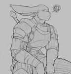 2024 andrew_(casloafy) anthro armor biped breastplate casloafy clothed clothing digital_media_(artwork) fully_clothed hi_res lagomorph leporid male mammal monochrome rabbit shoulder_pads simple_background sitting solo