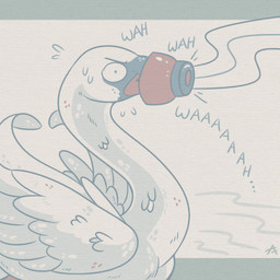 ambiguous_gender beak bodily_fluids feathers feral humor pun solo sweat trumpet_mute visual_pun water white_body white_feathers wings asteryxx anatid anseriform anserinae avian bird mute_swan swan 1:1 hi_res
