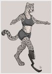 anthro athletic_wear balancing bottomwear bra clothing digitigrade female gym_bottomwear gym_shorts midriff prosthetic prosthetic_leg prosthetic_limb running_blade shorts solo sports_bra underwear arcr-cric cheetah felid feline mammal 2023 hi_res