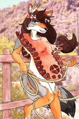 braided_hair brown_hair clothing countershade_face countershade_fur countershade_hands countershade_torso countershading female fence fur grey_body grey_fur hair long_hair one_eye_obstructed orange_body orange_fur poncho poncho_only ponytail rope solo efradraws samantha_scooter_cherokee canid canine canis coyote mammal absurd_res hi_res