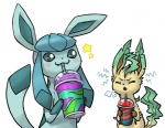 ambiguous_gender beverage blue_sclera blush brain_freeze duo eeveelution elemental_creature emanata fangs feral flora_fauna food generation_4_pokemon glaceon leafeon mammal nintendo plant pokemon pokemon_(species) simple_background slurpee teeth unknown_artist white_background