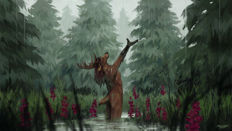 anthro antlers biped breasts brown_body brown_fur brown_hair evergreen_tree eyes_closed female flower fog forest forest_background fur grass hair horn long_hair looking_up male nature nature_background nude nude_anthro nude_female outside partially_submerged pine_tree plant purple_flower raining raised_arm raised_hand short_tail side_view solo spruce standing standing_in_water tail tree water wet wet_body wet_fur wet_hair cherry_wake cervine deer mammal 16:9 2025 colored digital_media_(artwork) hi_res signature widescreen