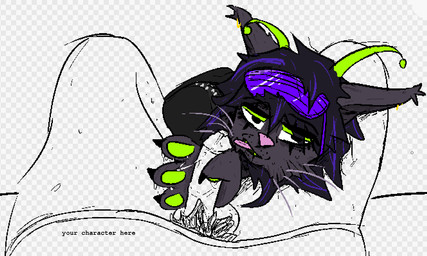 ambiguous_gender antennae_(anatomy) anthro black_hair brown_body brown_fur checkered checkered_background duo ear_piercing eyewear fur glasses green_pawpads hair handjob highlights_(coloring) inner_ear_fluff male male/ambiguous pattern_background pawpads penile piercing pubes purple_body purple_highlights sex simple_background sunglasses text tuft parageist ych_(character) alien canid canine felid feline hybrid hyena mammal english_text
