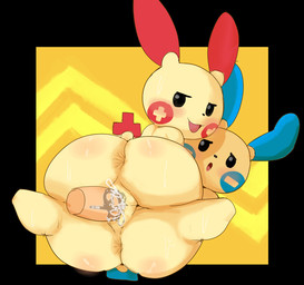 anthro anus big_butt bisexual blush bodily_fluids butt collaborative collaborative_pussyjob collaborative_sex cum disembodied_penis female female/female ffm genital_fluids genitals group group_sex humanoid_genitalia humanoid_penis looking_back male male/female penis pussyjob sex threesome vulva darky nintendo pokemon generation_3_pokemon minun plusle pokemon_(species) hi_res