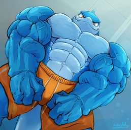 abs anthro big_muscles big_pecs biped blue_body bottomwear bulge clothed clothing fingers flexing flexing_bicep flexing_both_biceps front_view humanoid_hands looking_at_viewer looking_down low-angle_view male muscular muscular_anthro muscular_male narrowed_eyes orange_bottomwear orange_clothing orange_eyes orange_shorts pecs shorts smile smiling_at_viewer smirk smirking_at_viewer smug snaggle_teeth solo standing text topless topless_anthro topless_male vein veiny_arms veiny_muscles waddledox mako_(plain_white) aquatic fish mackerel_shark mako_shark shark white_shark animated artist_name colored hi_res loop no_sound shaded short_playtime video