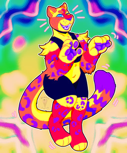:3 ambiguous_gender anthro bottomwear chest_binder clothing countershading happy leopard_spots one_eye_closed open_mouth pawpads paws shorts solo sparklefur spots teeth_showing underwear wink chowmalgamation cori_(jackrabbit) amur_leopard felid leopard mammal pantherine colorful_theme hi_res shaded nonbinary_(lore) trans_(lore) trans_man_(lore)
