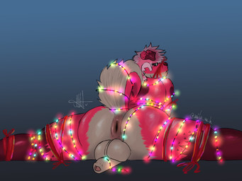 anthro anus balls big_anus christmas_decorations christmas_lights curled_tail fur genitals gradient_background green_eyes hair holidays looking_at_viewer looking_back male penis pink_body pink_fur pink_hair ribbons simple_background solo tail milo_m.h christmas canid canine canis domestic_dog mammal 4:3 absurd_res hi_res