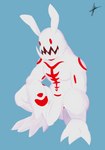 anthro bodypaint flaccid genitals male muscular penis red_eyes solo white_body irnoodles blood-c elder_bairn lagomorph leporid mammal monster rabbit hi_res