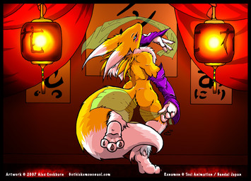 ambiguous_gender anthro black_border black_sclera blue_eyes border butt chest_tuft claws detailed_background dipstick_ears dipstick_tail ear_markings facial_markings fluffy fluffy_chest fur gloves_(marking) head_markings lamp lantern leg_markings looking_at_viewer looking_back looking_back_at_viewer markings multicolored_ears neck_tuft paper_lantern silk_dancing socks_(marking) solo tail tail_markings text tuft white_body white_fur yellow_body yellow_fur o-kemono bandai_namco digimon digimon_(species) mammal renamon 2007 artist_name