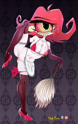 1_eye big_breasts breasts clothing female footwear genitals high_heels legwear maid_uniform mature_female nipples shoes solo stockings uniform vulva high-bear hazbin_hotel hellaverse niffty_(hazbin_hotel) cyclops demon humanoid hi_res