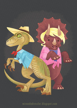 blonde_hair blue_clothing blue_shirt blue_topwear blush blush_stickers claws clothing duo facial_horn female green_eyes grey_background hair hat headgear headwear horn male nose_horn shirt sickle_claw simple_background tail toe_claws topwear mirandajane jurassic_park universal_studios alan_grant ellie_sattler ceratopsian ceratopsid chasmosaurine dinosaur dromaeosaurid marginocephalian ornithischian prehistoric_species reptile saurischian scalie theropod triceratops velociraptor
